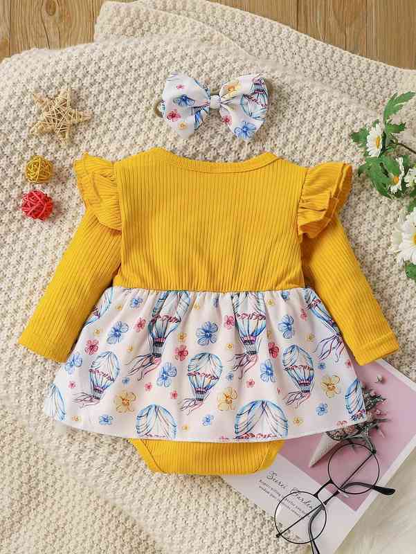 Baby Hot Air Balloon & Floral Print Bow Front Combo Bodysuit Dress With Headband SHE
