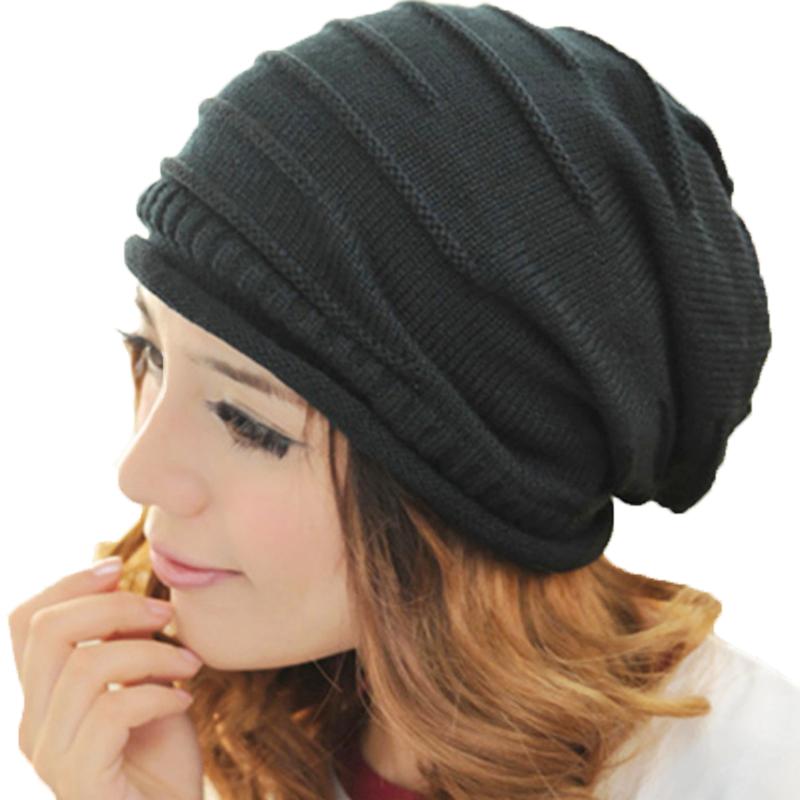 

New Casual Beanies Hat Women Men Winter Knitted Wool Cap Unisex Folds Solid Color Hip-Hop Skullies Beanie Hat KH672444, Black