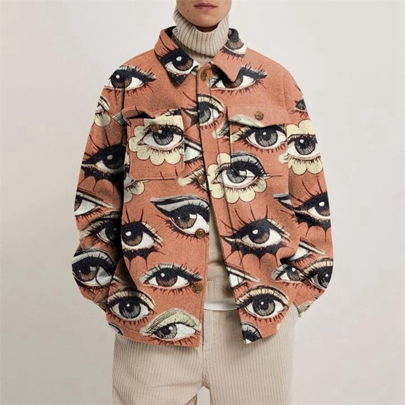 Hipster Men Turn-down Collar Shirts Autumn Winter Fashion Abstract Printed Thick Shirt Mens Cardigan Tops Casual Streetwear 220308