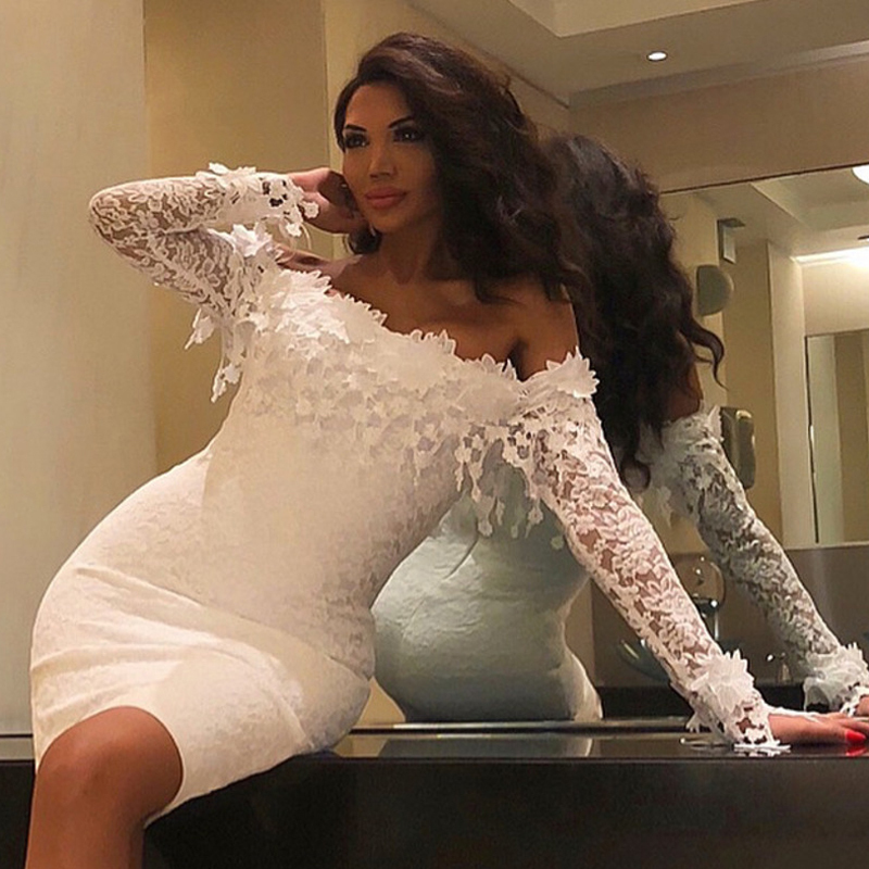 NATTEMAID Hollow Out Floral White Lace Dresses Off Shoulder Strapless Mini Sexy Dress Women Pencil Bodycon Party Dress Vestidos T200320