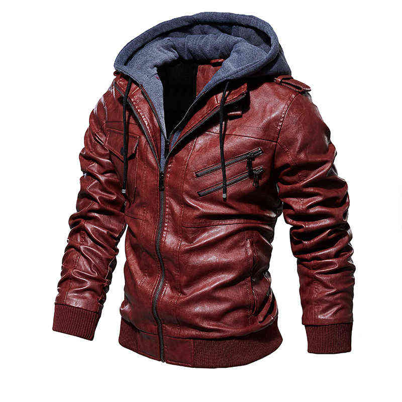 Casual Motorcycle PU Jacket Mens Winter Autumn Fashion Leather Jackets Male Slim Removable Hooded Warm Outwear Fleece Clothing 211222