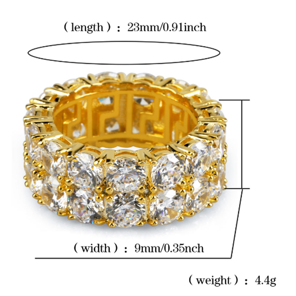 Mens 2 Row Iced Out 360 Eternity Bling Rings Micro Pave Cubic Zirconia Gold Plated Silated Dias Hip hop Ring with gift Free shipping
