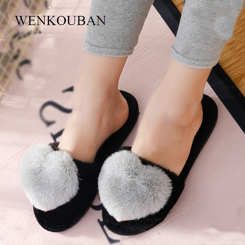 Women Love Heart Cotton Winter Fur Slides Ladies Home Furry Slippers Warm Indoor Shoes Claquette Fourrure Y200424