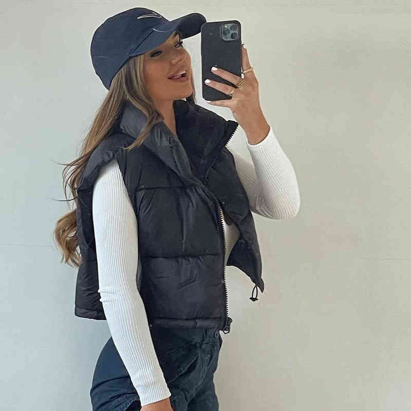 Willshela Women Fashion High Neck Cropped Waistcoat Vest Casual Woman Sleeveless Puffer Jacket Chic Lady Winter Warm Outfits 220125