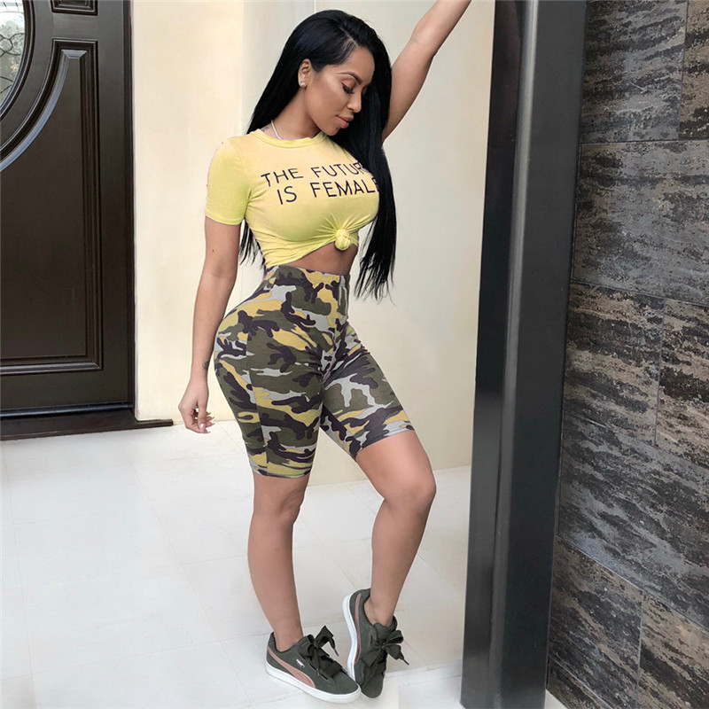 Camouflage Pink Two Piece Set Summer Outfits T Shirt Crop Top and Camo Shorts Set Sexy Tracksuit Matching Sets D41-AB95 T200603