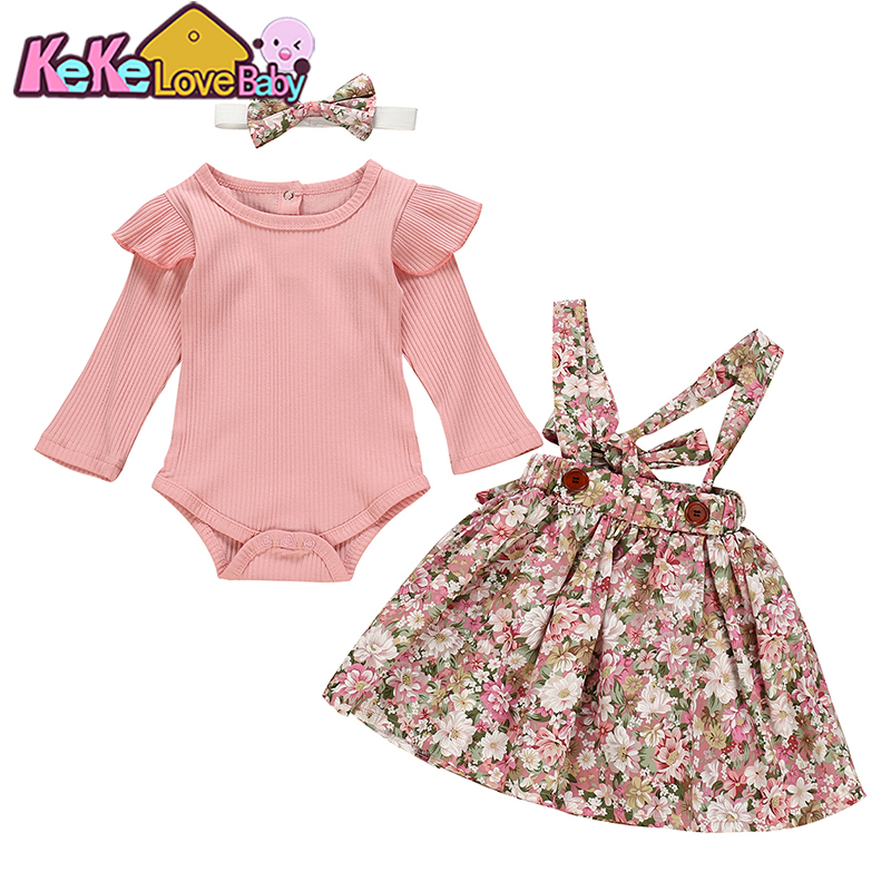 Newborn Baby Girls Clothes Sets Long Sleeve Romper Tops Strap Flower Dress Headband Infant Toddler Clothing Cute Outfit Set LJ201223