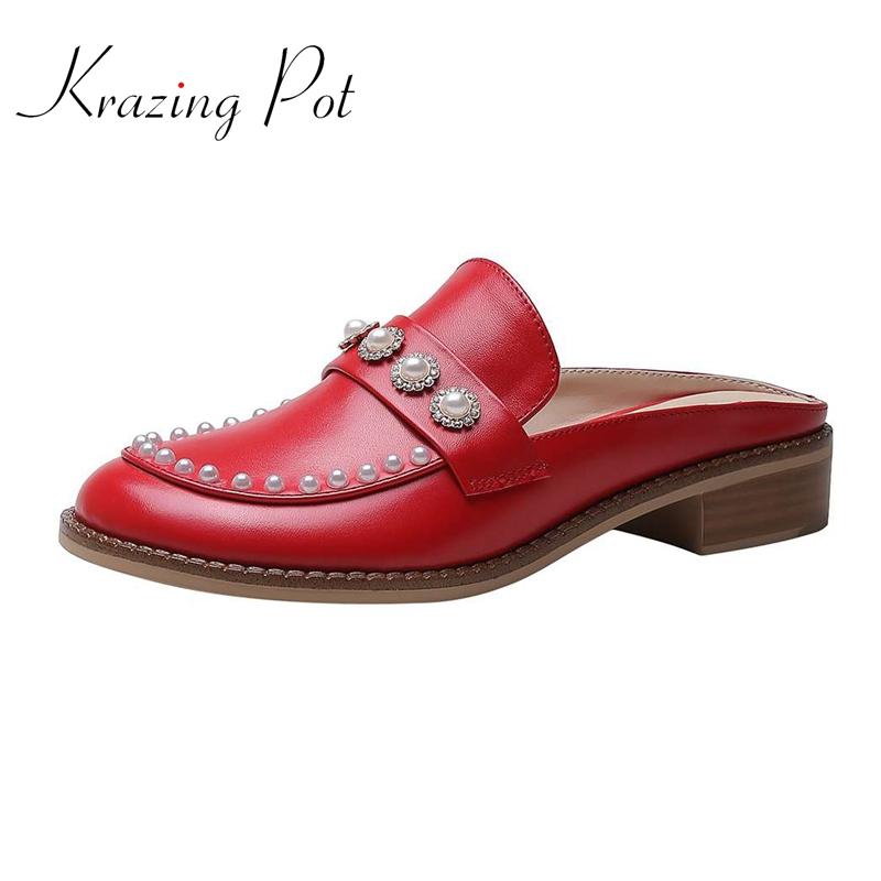 Krazing pot genuine leather round toe med heel outside slipper pearl decoration high street fashion slip on cozy shoes women L20, Red
Krazing pot genuine leather round toe med heel outside slipper pearl decoration high street fashion slip on cozy shoes women L20, Red