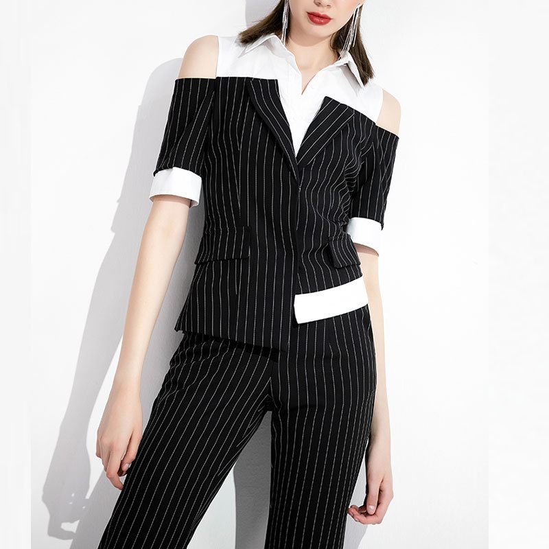 Women's pantsuit Summer black Notched 2 piece set Suits Broadcloth ladies Office Blazer Suit Trouser T200818