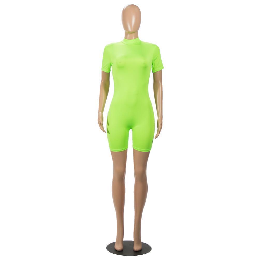 Fitness Casual Biker Playsuit Mock Neck Bodysuit Long Sleeve Neon Rompers Womens Jumpsuit Shorts Summer High Elastic Sportwear T200602
