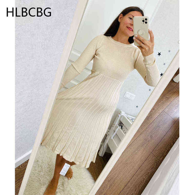 HL Chic Women Long Knit Maxi Sweater Dress Autumn Winter Knitted A Line Dress Ribbed Thick Christmas Pullover Party Dresses 211221