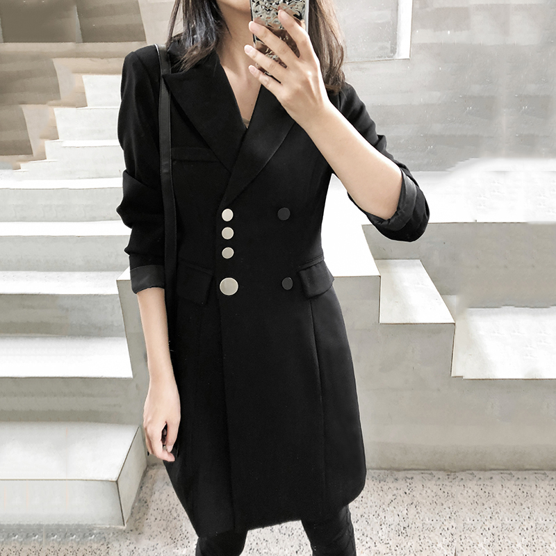 EAM Women Black Button Stitch Long Blazer Lapel Sleeve Loose Fit Jacket Fashion Spring Autumn 1W524 201114