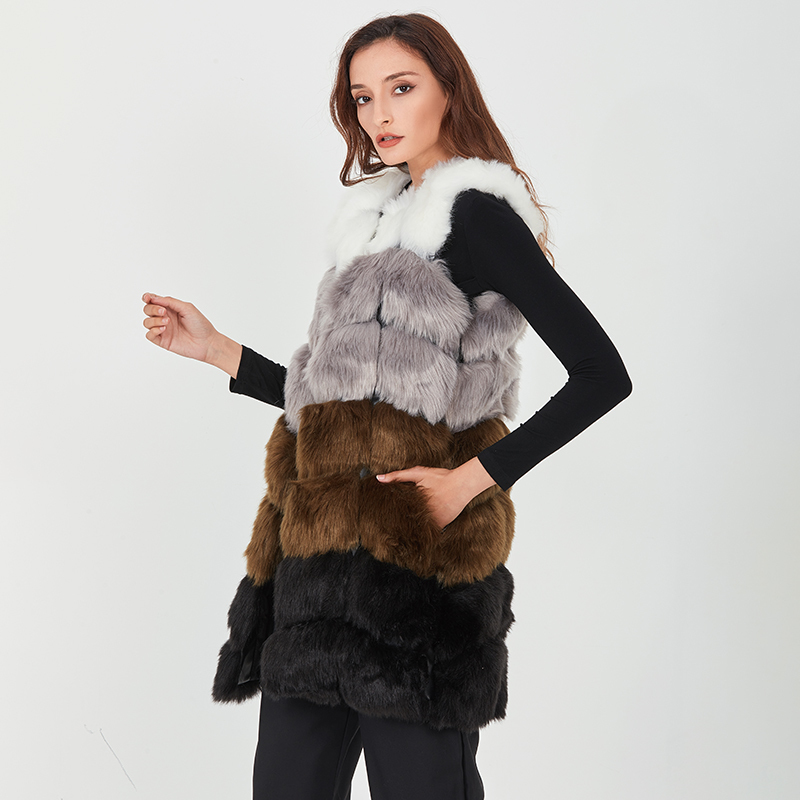 TWOTWINSTYLE Hit Color Fur Coat For Women O Neck Sleeveless Patchwork Loose Vest Coat Female Winter Fashion New Clothes 201211