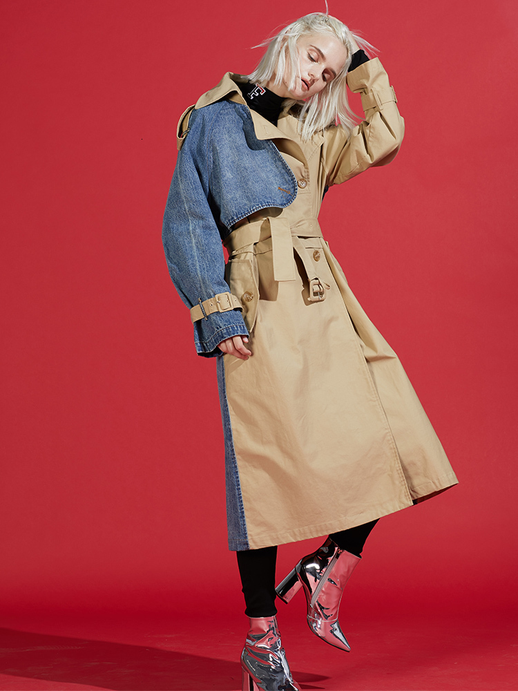 LANMREM autumn New Products Turndown Collar Spliced Denim Patchwork Windbreaker Female Trench WJ26604M 201111