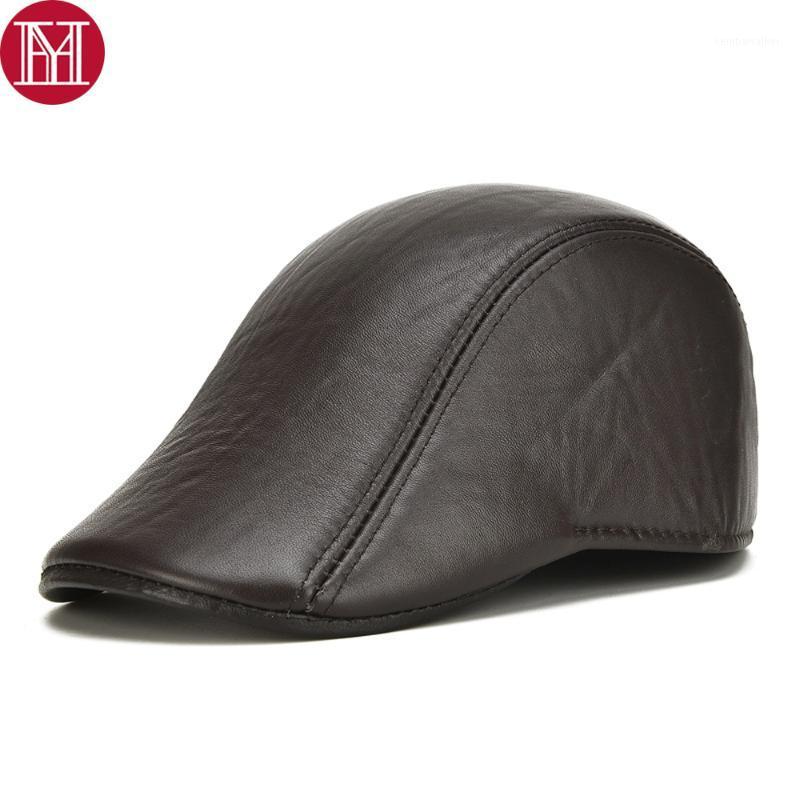 Berets Fall Winter Men Real Genuine Leather Hats Male Casual Sheepskin Caps Sheep Skin Visor Sboy Hat1, Brown