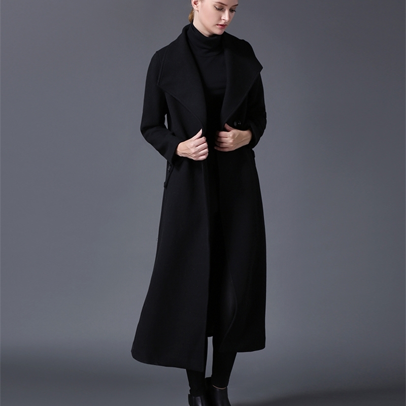 winter women's wool coat lapel black dark blue long section listing large size 201223