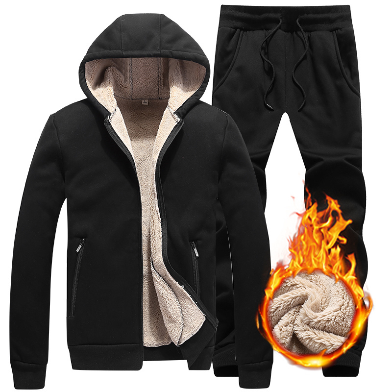 Mens suit Winter Thick Men Casual Tracksuit Sportswear Zipper Mens Hooded Sets Warm Plus Velvet Sports Suit Solid Color 201123