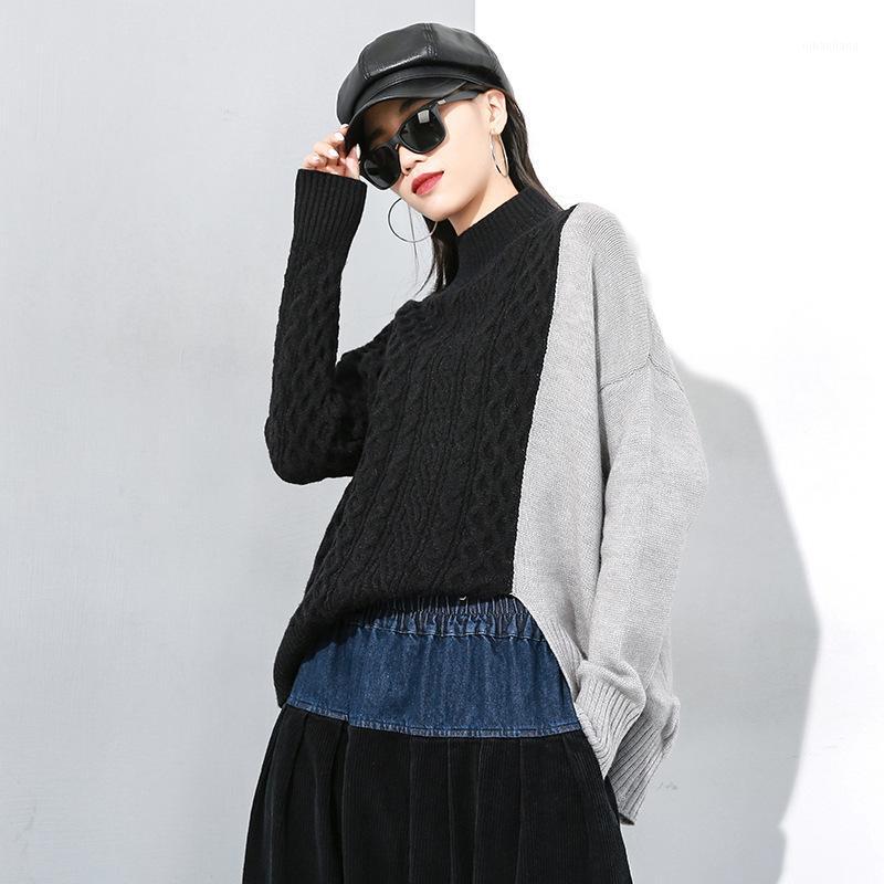 Winter New Stitching Pullover Free Size Irregular Batwing Sleeve Shirt Korean Loose Color Patchwork Turtleneck Sweater1, Black gray 
Winter New Stitching Pullover Free Size Irregular Batwing Sleeve Shirt Korean Loose Color Patchwork Turtleneck Sweater1, Black gray