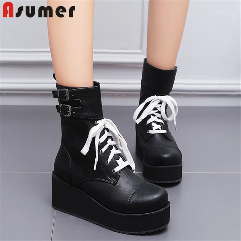 ASUMER 2020 new fashion ankle boots women lace up buckle round toe wedges platform boots unique party Night Club Shoes woman1, Black