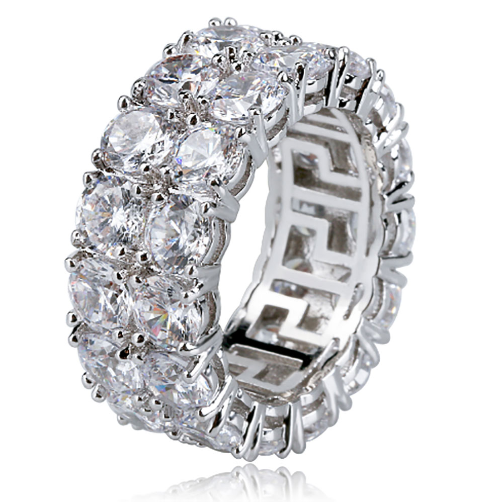 Mens 2 Row Iced Out 360 Eternity Bling Rings Micro Pave Cubic Zirconia Gold Plated Silated Dias Hip hop Ring with gift Free shipping