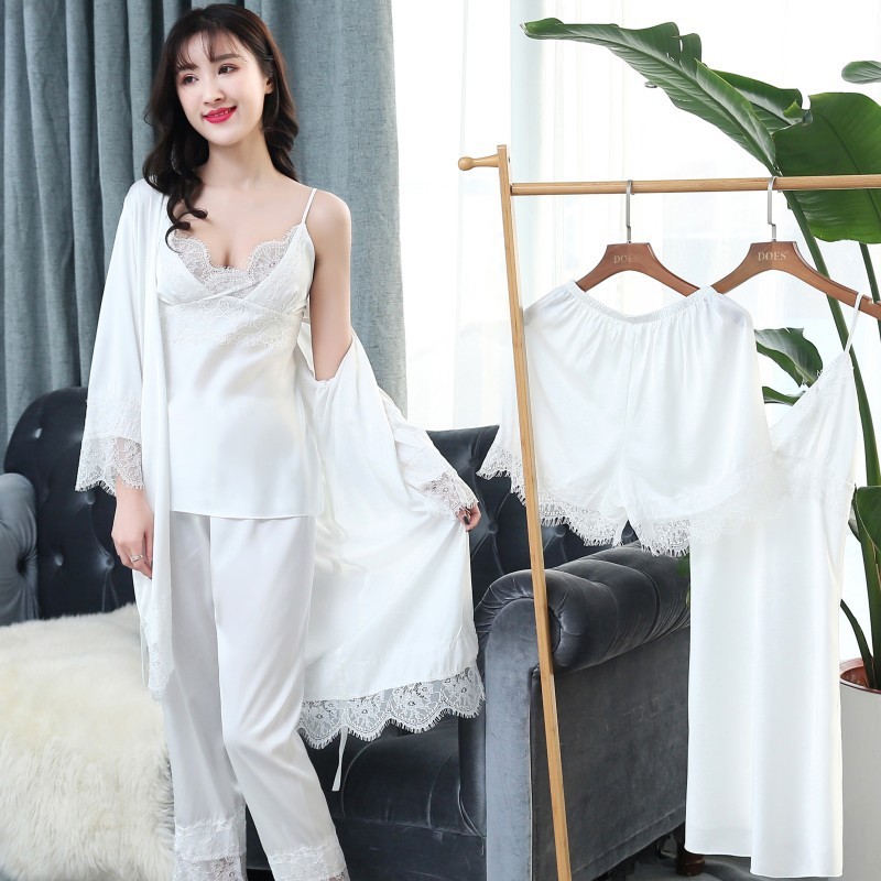 Women Pajamas Sets 5 Pieces Satin Sleepwear Pijama Silk Home Wear Home Clothing Sleep Lounge Pyjama With Chest Pads 210203
