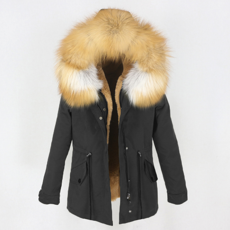 OFTBUY Navy Parka Winter Jacket Coat Women Real Fur Coat Parkas Natural Raccoon Fur Collar Hooded Warm Soft Faux Fur Liner 201217