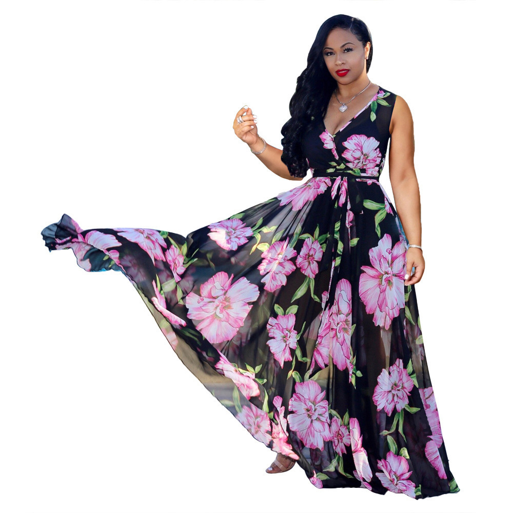 Summer Women Maxi Dress Floral print Chiffon Plus Size boho style vestidos Elegant Beach Long Dress Big Size Dresses T200604