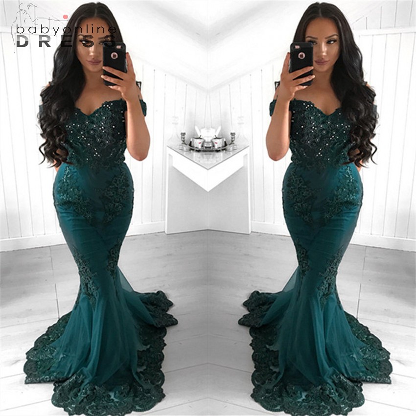 Gorgeous Dark Green Lace Mermaid Evening Dresses Elegant Off Shoulder Appliques Beads Long Evening Prom Occasion Gowns Formal Vestidos