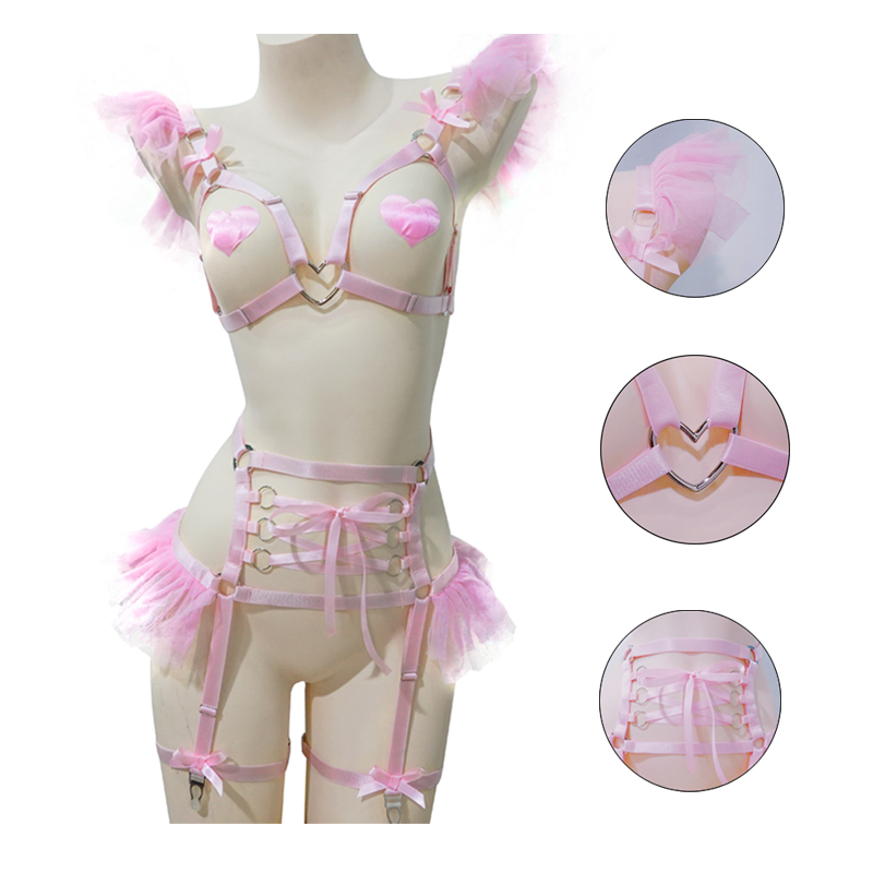 Pink Goth bow chiffon heart ring open top bondage cage pastel punk lingerie body harness woman alloy, Beige
Pink Goth bow chiffon heart ring open top bondage cage pastel punk lingerie body harness woman alloy, Beige