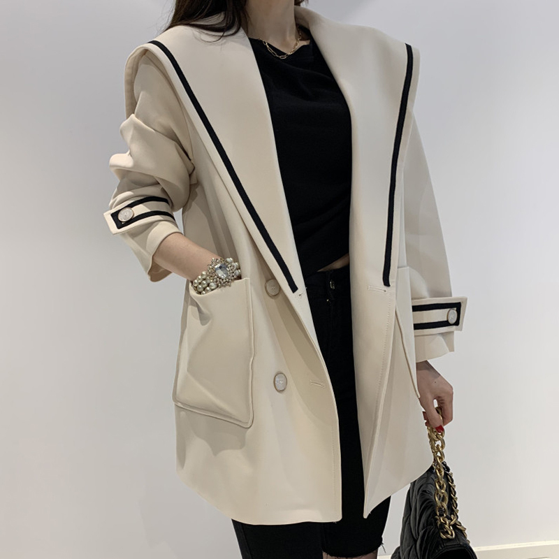 EWQ Fashion Autumn Women Blazers Jackets Work Office Lady Suit Plus Size Business Vneck Double Breasted Coat Apricot 201114