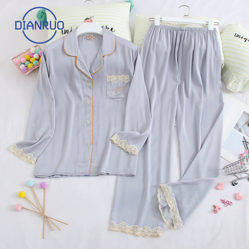 DIANRUO Autumn Sleepwear Women New Silk Ladies Long Sleeve Lace Home Wear Set Korean Version Girls Sweet Pajamas Q377 201027