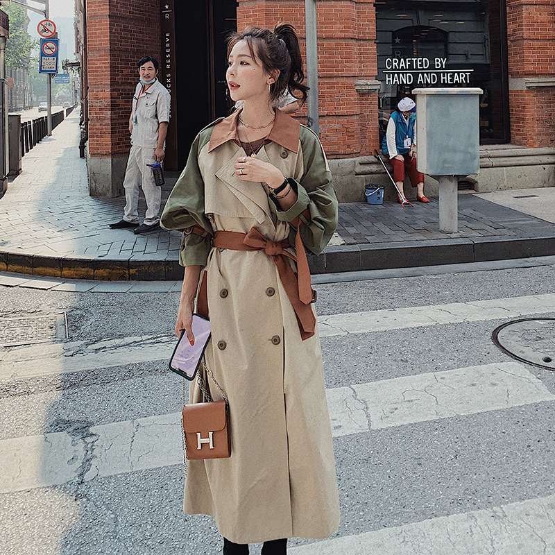 [DEAT] New Autumn Fashion Women Trench Coat Hit Color Patchwork Full Sleeve Lapel Collar Casual Loose Wild With Belt TX881 201102