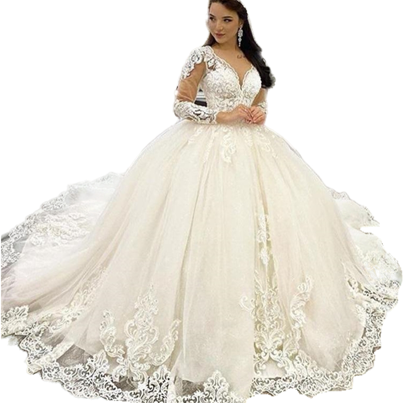 2022 Princess Ball Gown Wedding Dresses Long Sleeve Appliques Lace Sexy Open Back Sheer V-Neck Court Train Winter Autumn Chapel Bride Formal Dress