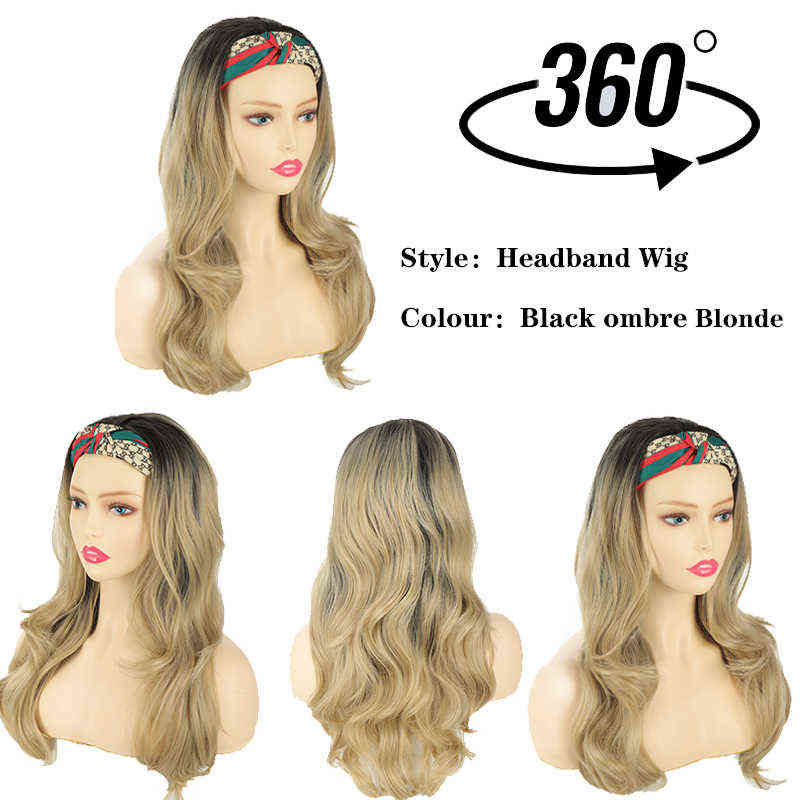 Hairpiece Jinkaili Long Wave Black Ombre Blonde Headband Wigs Heat Resistant Synthetic Lolita New Fashion Hair Band for Women 0121