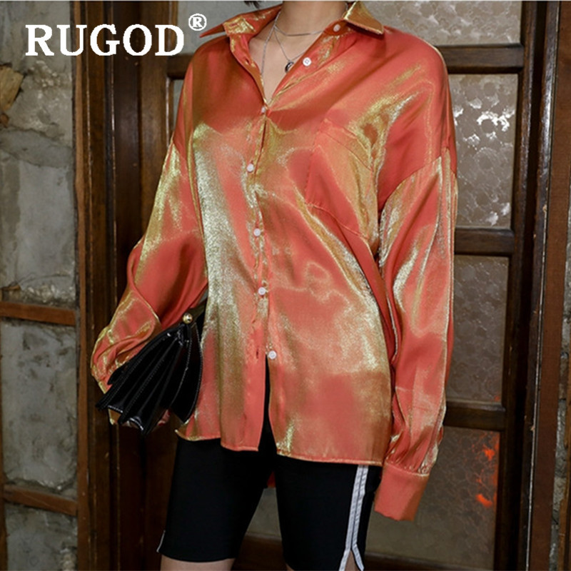 RUGOD Vintage Gradient blouse women Elegant glossy long sleeve orange shirts ladies korean chic turn-down collar blouse and tops T200321