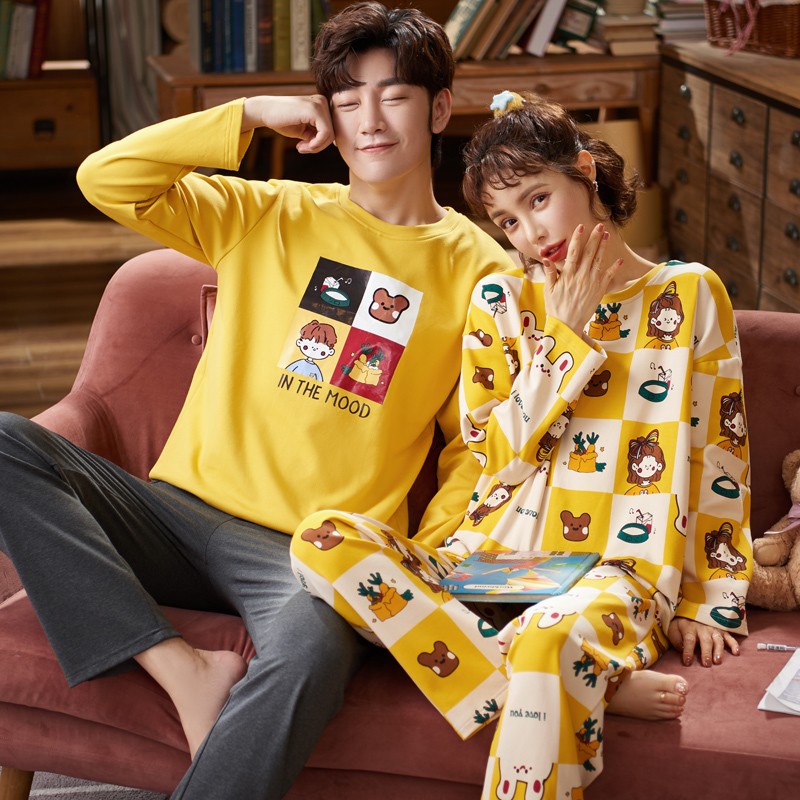 Couple Loungewear Pijama Autumn Winter New Fashion Couples Pajamas Men and Women Matching 100%Cotton Sleepwear Pajama Set Couple 201023