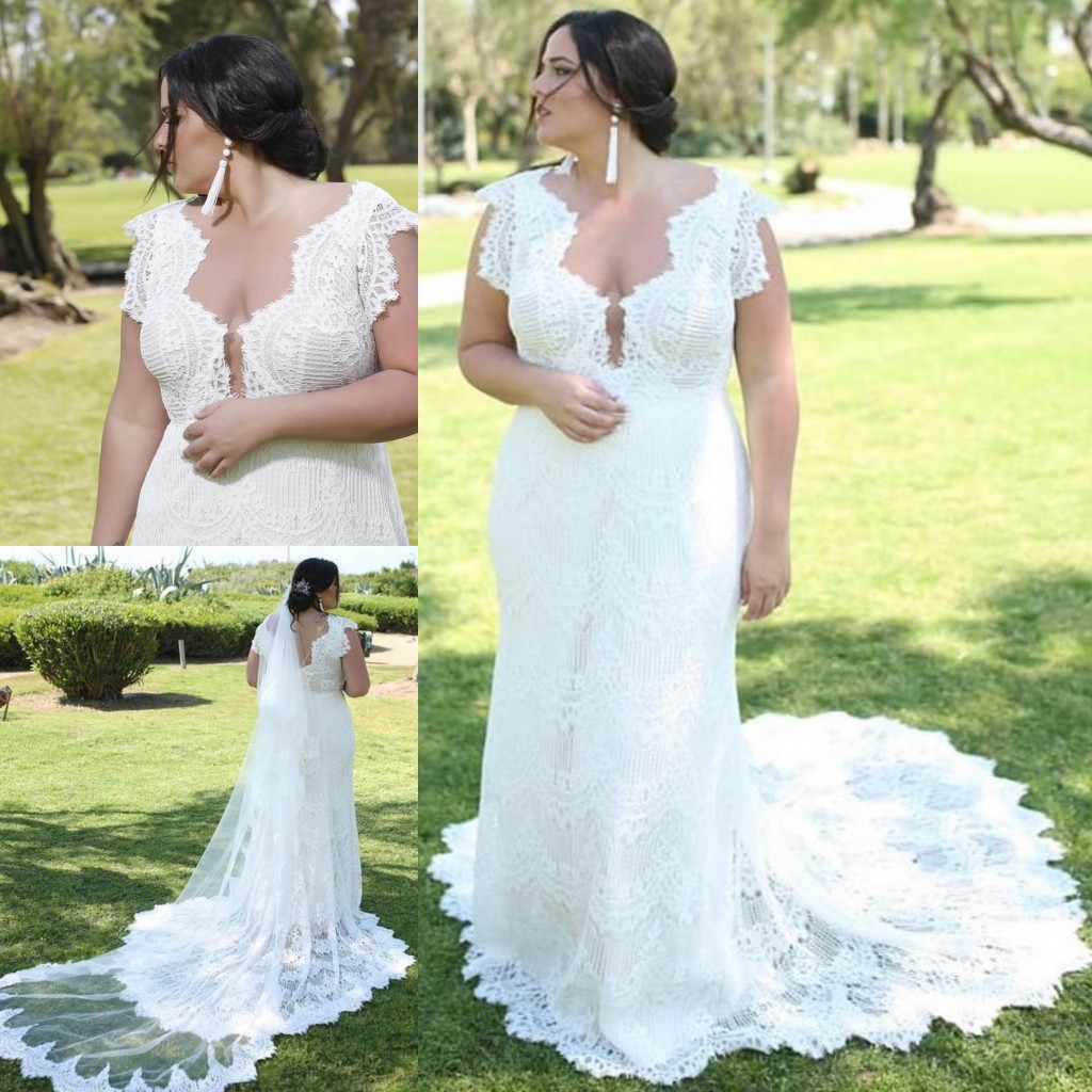 Plus Size Charming Lace Backless Mermaid Wedding Dresses Sheer Plunging Neck Bridal Gowns Sweep Train Robe De Marie