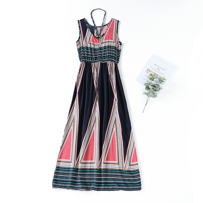 Summer New Vintage Ladies Fashion Blending Bohemia Printed Halter Vneck Midcalf Dres Beading Aline Dress T200526