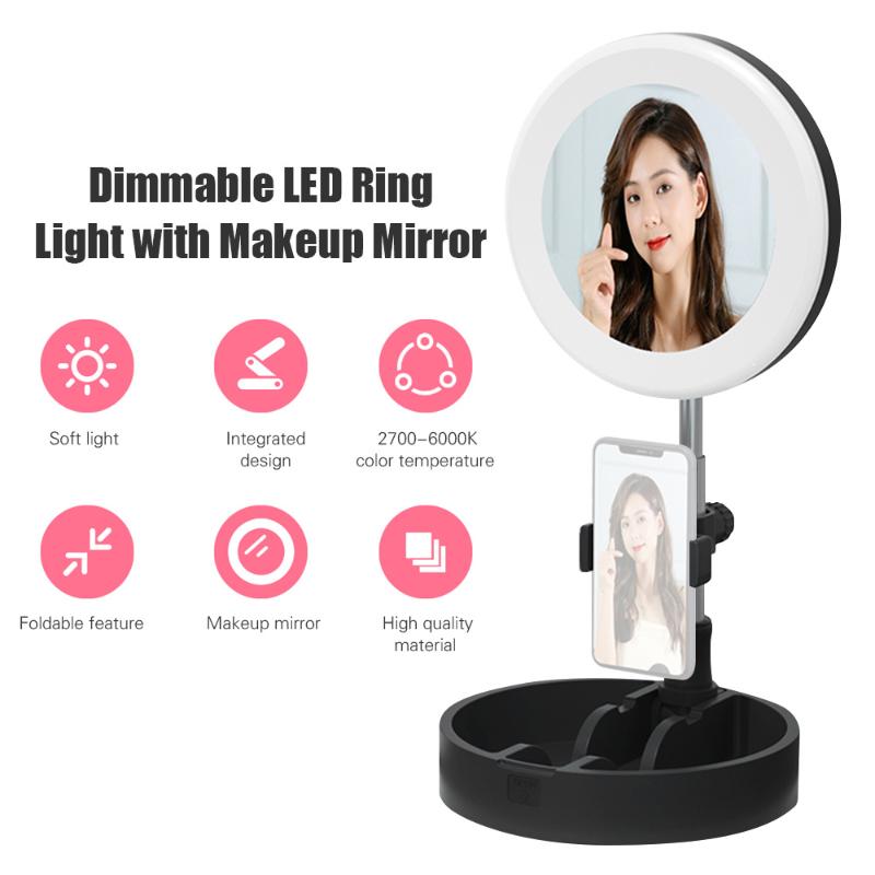 Foldable LED Ring Light Portable Desk Selife Lamp Dimmable Fill Light with Makeup Mirror Phone Holder for Selfie Video Recording
Foldable LED Ring Light Portable Desk Selife Lamp Dimmable Fill Light with Makeup Mirror Phone Holder for Selfie Video Recording