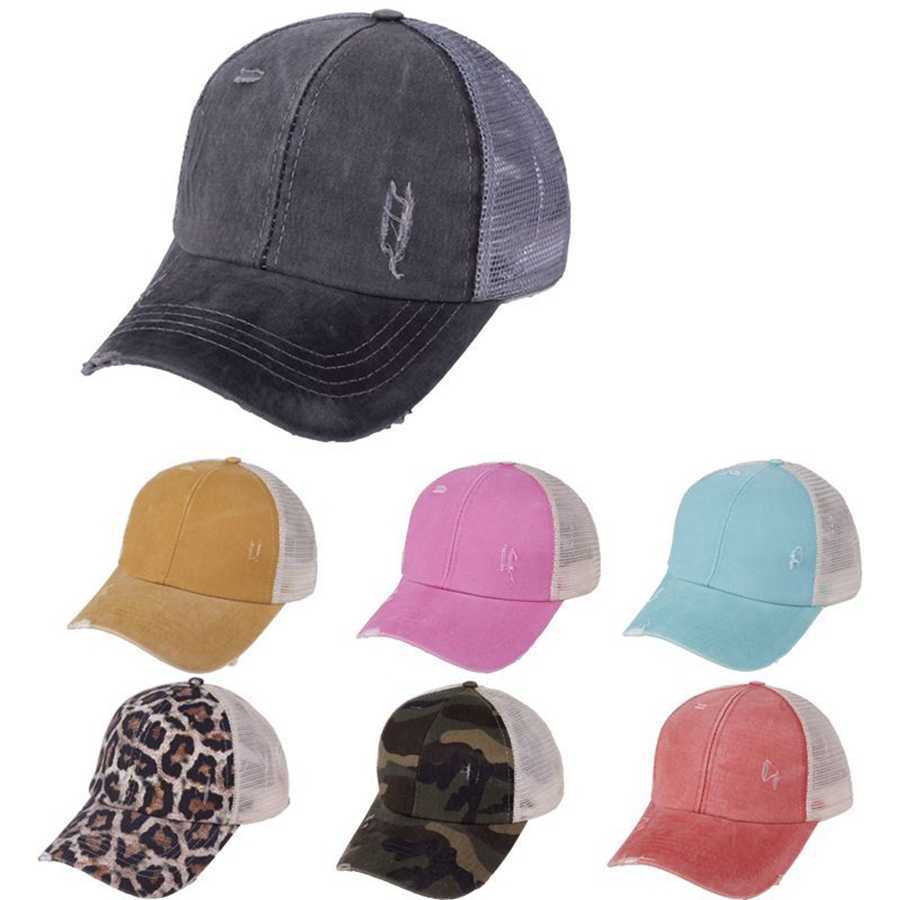Colors Ponytail Hats Washed 30 Mesh Back Leopard Sunflower Plaid Camo Hollow Messy Bun Baseball Cap Trucker Hat LJJO8225