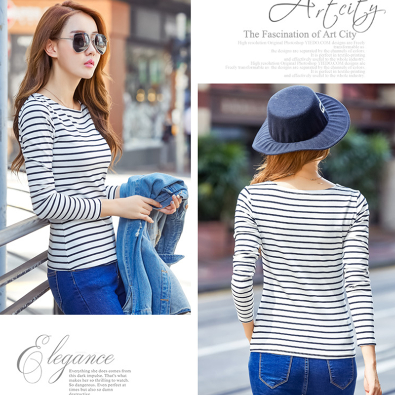 Soperwillton Cotton T-shirt Women 2022 Autumn Long Sleeve O-Neck Striped Female T-Shirt White Casual Basic Classic Tops #620 220226