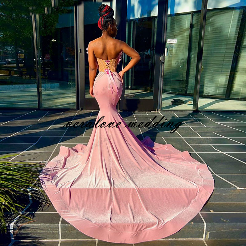 Sexy Pink Mermaid Prom Dresses With Feathers Crystal Africcan Black Girls Party Gowns Evening Wear robe de soirée de mariage