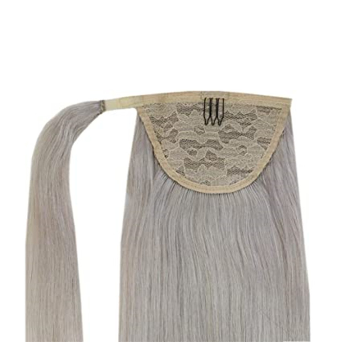 Salt n peper silver grey scruncnie real human hair extension wraps drawstring ponytail salt n pepper pony tail hairpiece 120g 14inch diva