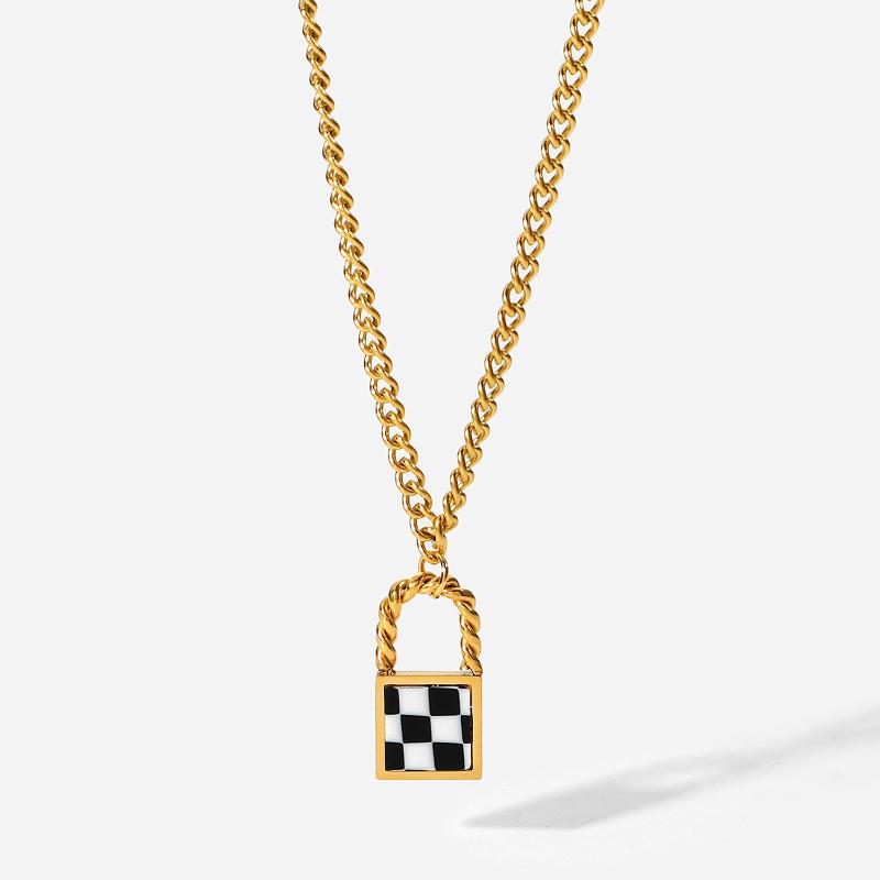 Pendant Necklaces 18K Gold Plated Black White Plain Lock Necklace Gift Stainless Steel Checker For Women
Pendant Necklaces 18K Gold Plated Black White Plain Lock Necklace Gift Stainless Steel Checker For Women