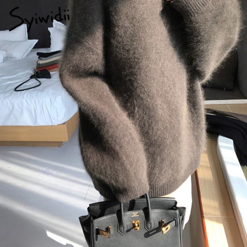 Syiwidii Pullovers Knit Sweater Women Winter Clothes Batwing Sleeve Faux Fur Thicken Plus Size Korean Top Oversize Black 201130