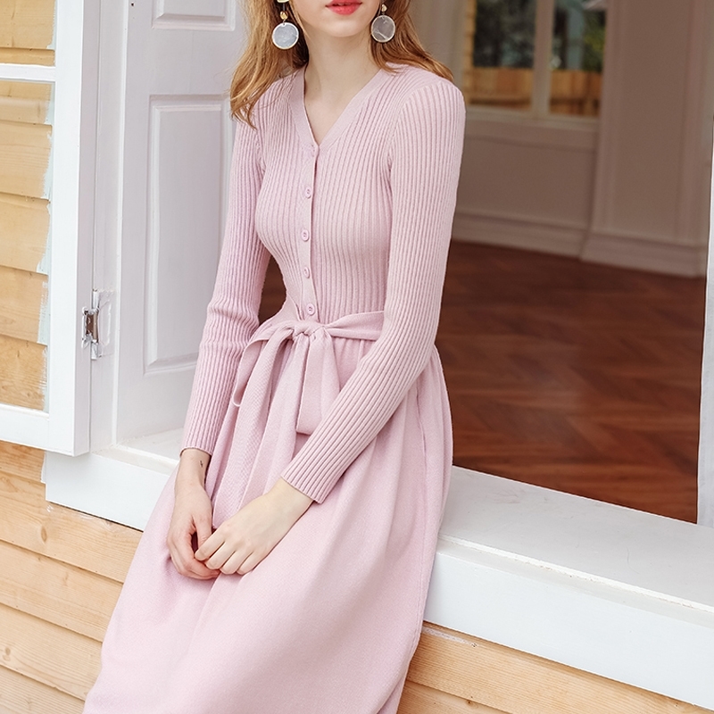 GIGOGOU Chic Sahes Belt Women Sweater Dress V Neck Long Sleeve Knitted A Line Dress Autumn Winter Midi Dress Pink Green Jumper 201008