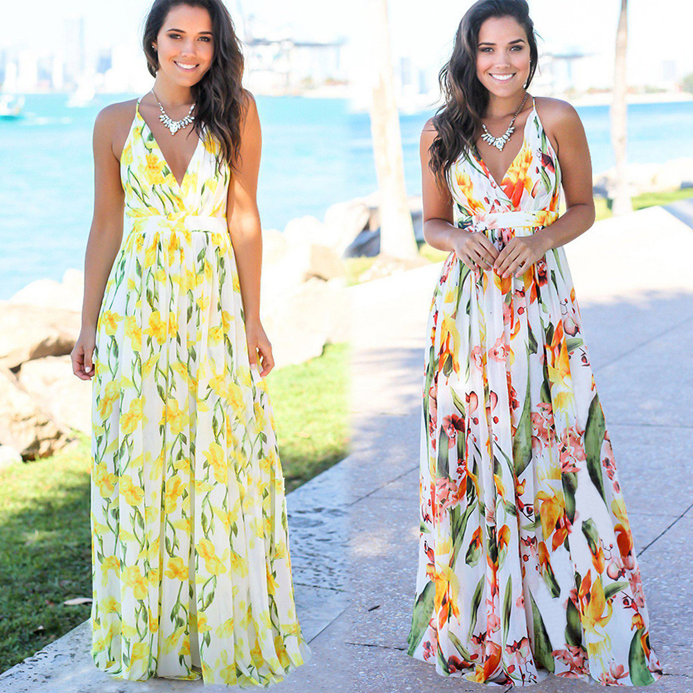 Multicolor Tropical Jungle Leaf Boho Long Dress Sling Cross Back Women V neck Party Night Elegant Sexy Maxi Summer Dresses T200604