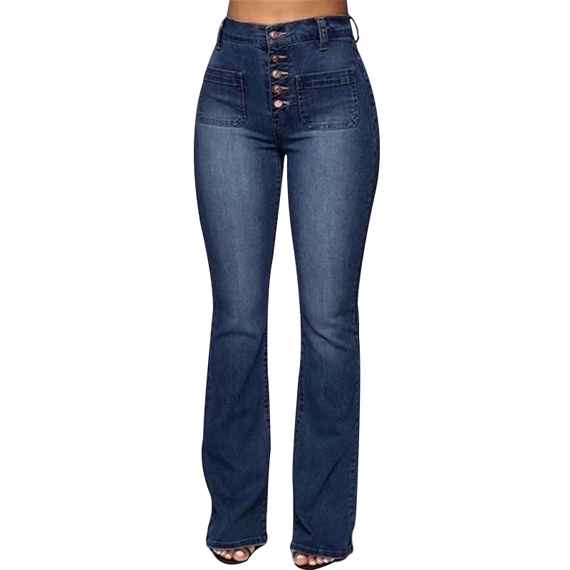 Newly Washed High Waist Button Boot-cut Jeans Women Casual Long Pants Trousers DO99 201109