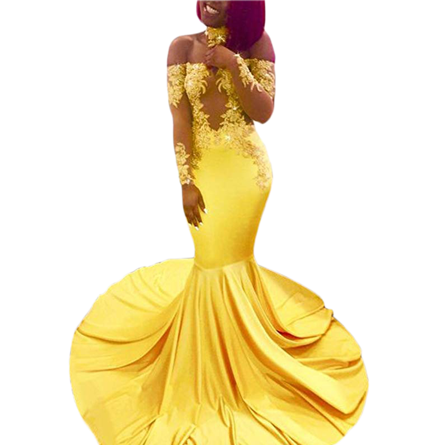 2021 New Yellow Off Shoulder Mermaid Dress Ball Boat Neck Sleeves to the Floor Apply Satin Dressed in Night with a Choker S775
2021 New Yellow Off Shoulder Mermaid Dress Ball Boat Neck Sleeves to the Floor Apply Satin Dressed in Night with a Choker S775