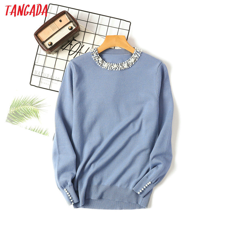 Tangada Autumn Winter Women Beaded Neck Sweater casaco feminino elegant lady sweater Jumper Casual Warm pull femme AQX11 201130