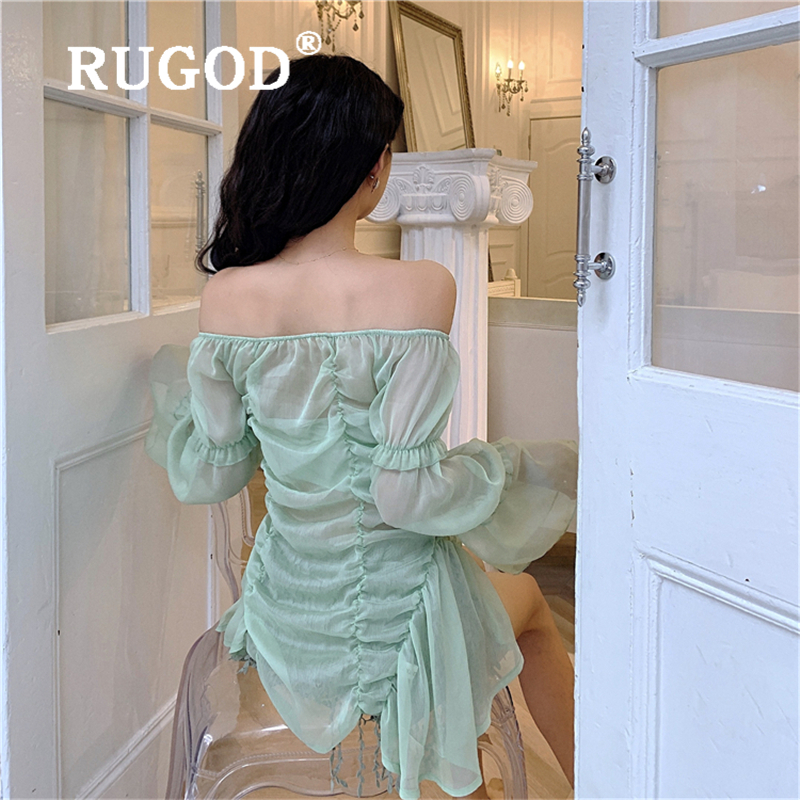 RUGOD Office ladies light green chiffon blouse sexy off shoulder sweet long sleeve shirts Fashion singlebreasted irregula tops T200321